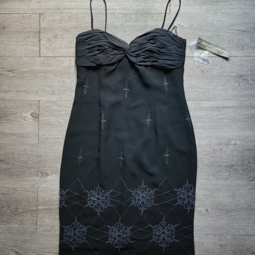 Maggy London Petites Silk Beaded Embroidered Black Party Cocktail Dress Sz 8 NWT